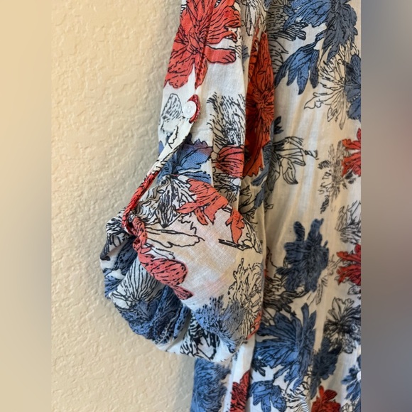 75 Degrees & Fuzzy Women Cotton Shirt Blouse Button Down Floral Blue Red Top - Picture 8 of 9